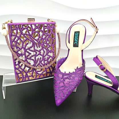 Luxury African Nigerian Bride Party Shoes Sky Blue All Rhinestone Pointed Heels Matching Shoe Bag Set
