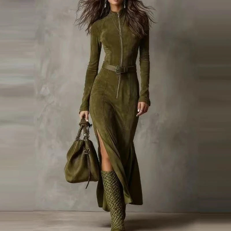 Casual O-neck Long Sleeve Suede Party Dress Elegant Side Split Solid Slim Long Dress Women Fashion With Belt Tie-Up Maxi Dress