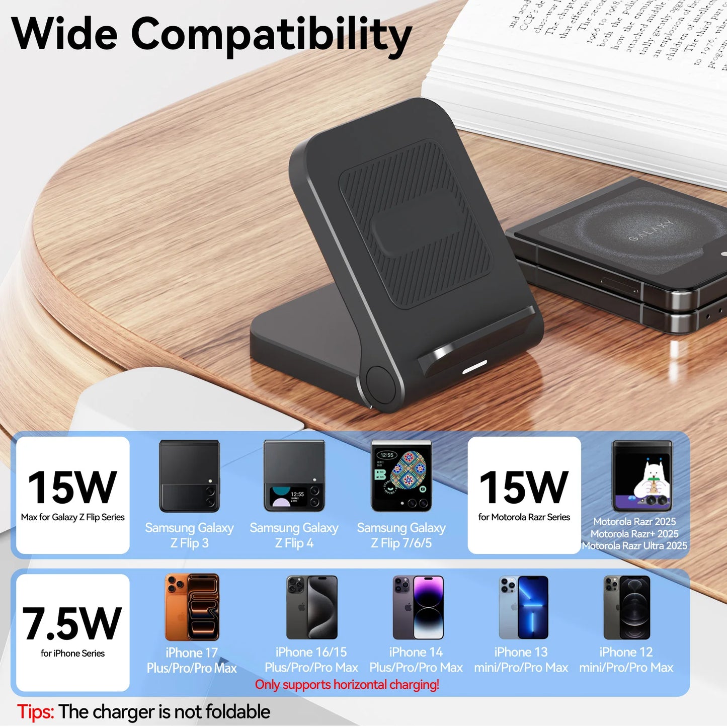 Wireless Charger for Samsung Galaxy Z Flip, 15W Fast Wireless Charging Stand, Compatible with Z Flip 7/6/5/4, for Motorola Razr/Razr+/Razr Ultra 2025, Non-Fold