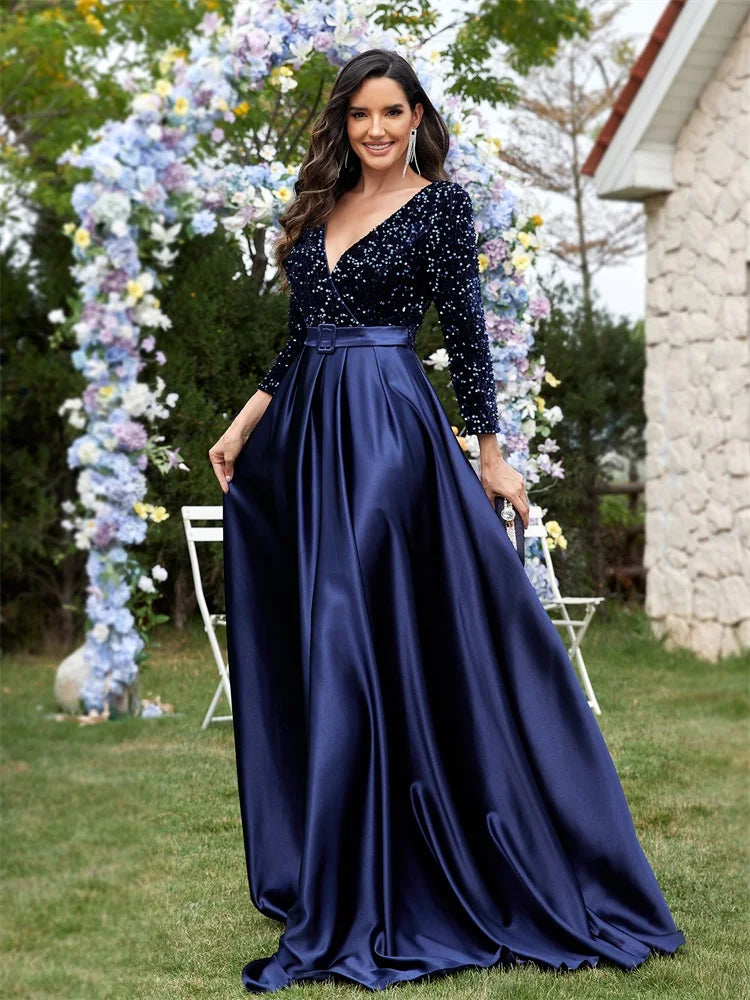 Lucyinlove Luxury Long Sleeve V-Neck Satin Formal Evening Dresses 2025 Elegant Wedding Party Sequins Women Prom Cocktail Gowns