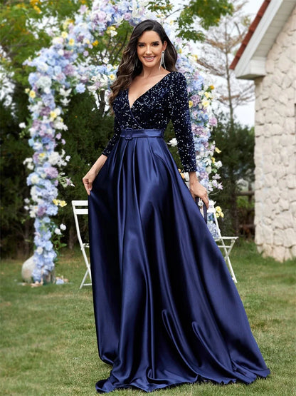Lucyinlove Luxury Long Sleeve V-Neck Satin Formal Evening Dresses 2025 Elegant Wedding Party Sequins Women Prom Cocktail Gowns
