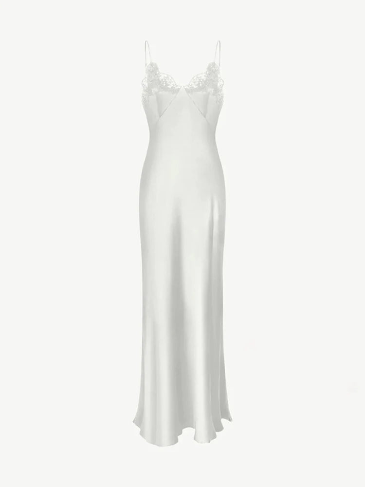 Lace Patchwork Sling Women's Dress Sexy Solid V-neck Sleeveless Backless Stain Female Maxi Dress 2026 Elegant Summer Party Gowns