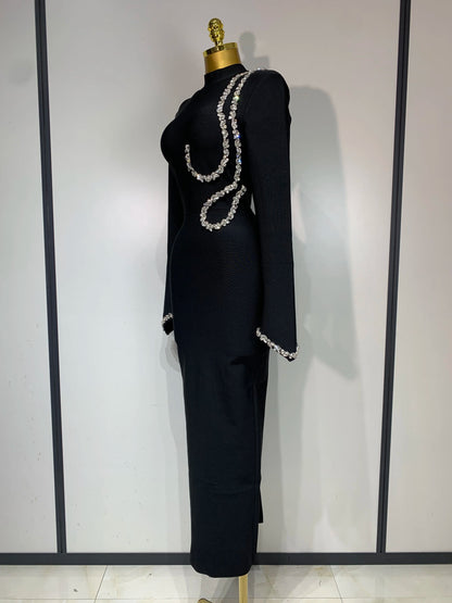 Women Sexy Long Sleeve Diamonds Maxi Long Bodycon Bandage Dress 2025 Celebrity Elegant Evening Party Luxury Birthday Dresses