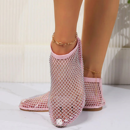 2025 Summer Women's New Round Toe Flat Bottom Sandals Hollow Short Boots Water Diamond Sexy Flat Bottom Fashion Banquet Slippers