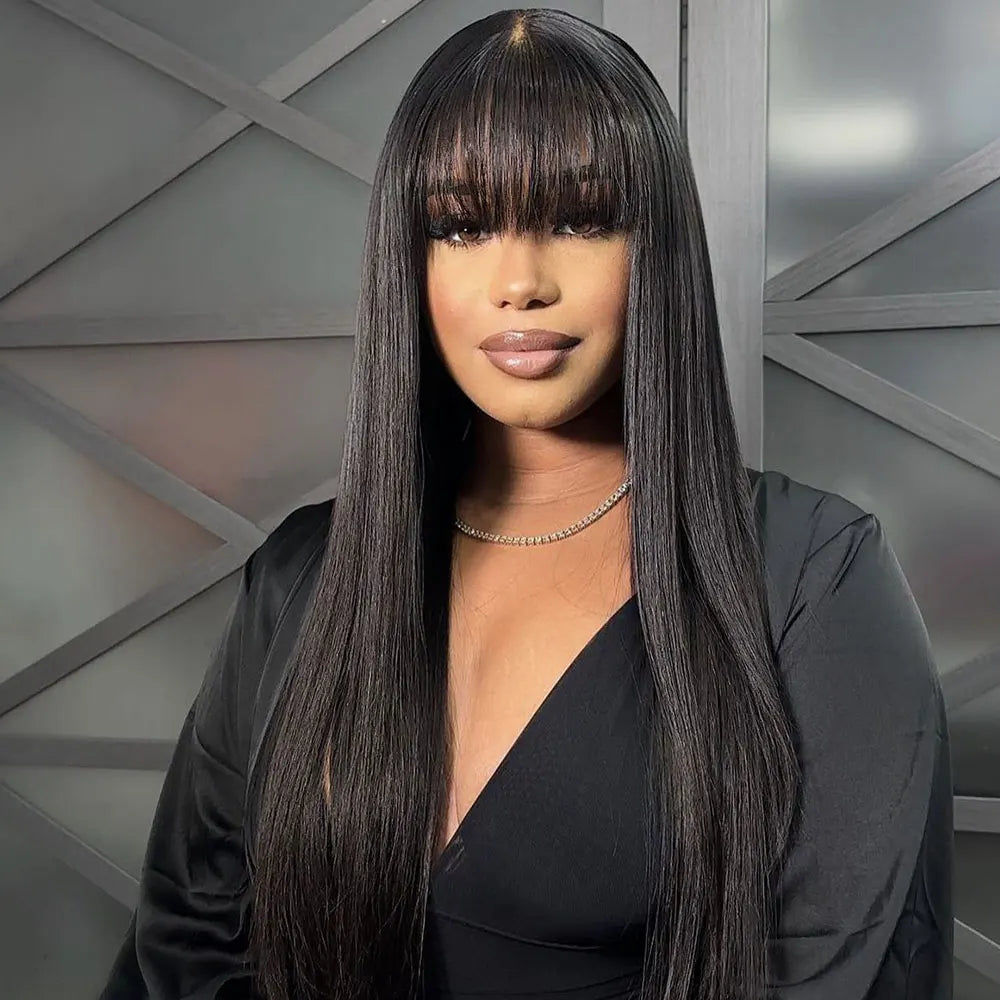 3x1 Human Hair Wigs 220% Density Bone Straight HD Lace Wig With Bangs Full Machine Made Fringe Wigs For Women 30 inch