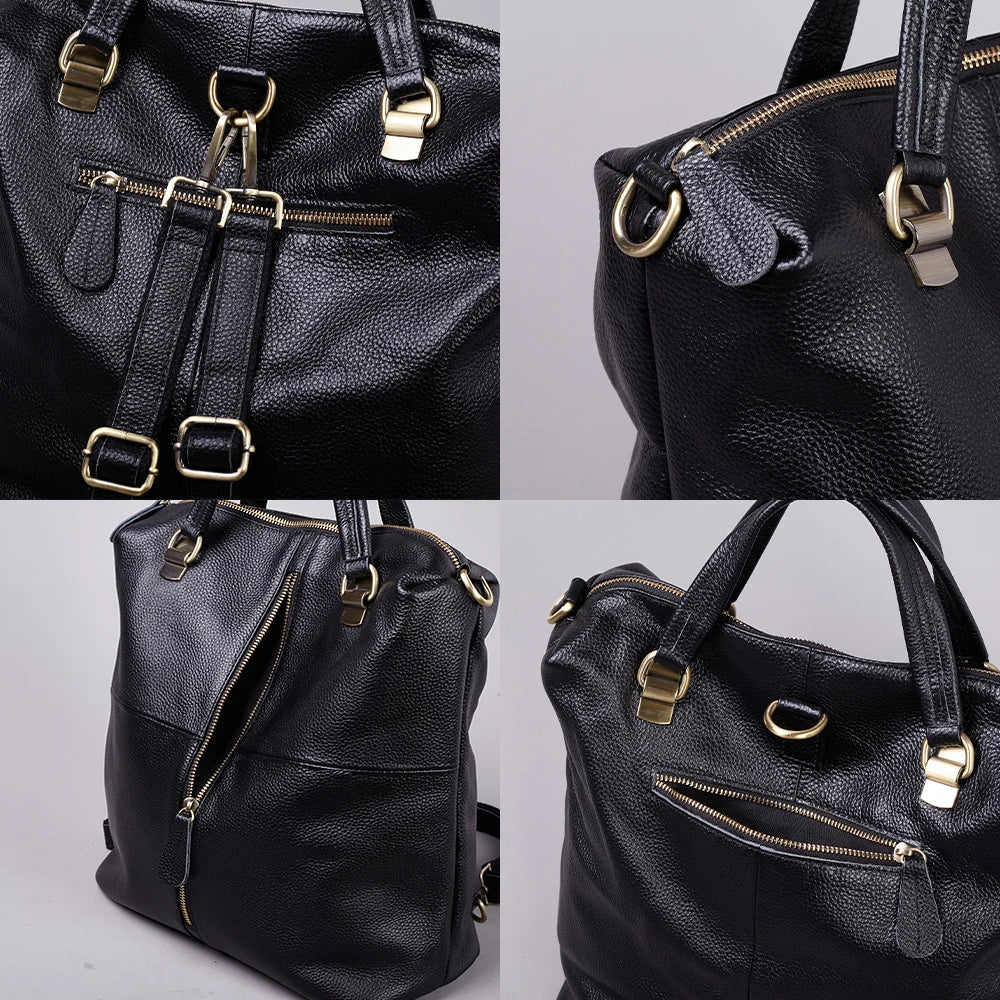 Fashionable Soft Top Layer Cowhide Backpack Large Women's Bag Black Versatile Ladies Handbag Shoulder Bag for All Occasions