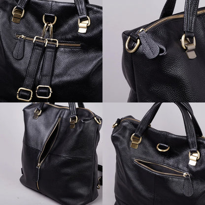 Fashionable Soft Top Layer Cowhide Backpack Large Women's Bag Black Versatile Ladies Handbag Shoulder Bag for All Occasions