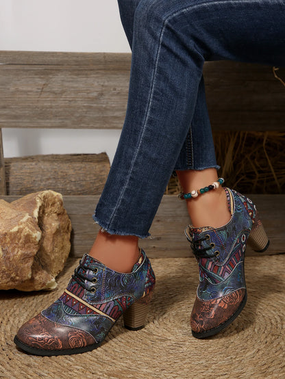 Women's Spring & Fall Short Boots, Bohemian Fashion Splicing Retro Short Boots, Casual Printed Western Leather Boots, Side Zippers, Suitable for Daily Commuting, Vacation, Parties