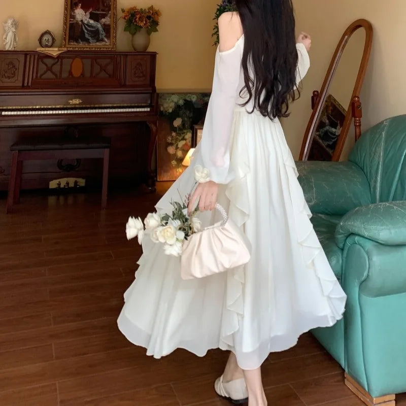 Off Shoulder Dresses for Women Long Sleeve Thin Spring Summer A-line Elegant Ins Girls Casual Solid Minimalist Fitness Beauty