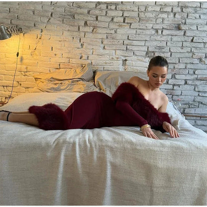 Faux Fur Patchwork Strapless Dress Women Sexy Off-shoulder Full Sleeve Cinched-waist Slim Long Gown Lady Christmas Party Dresses