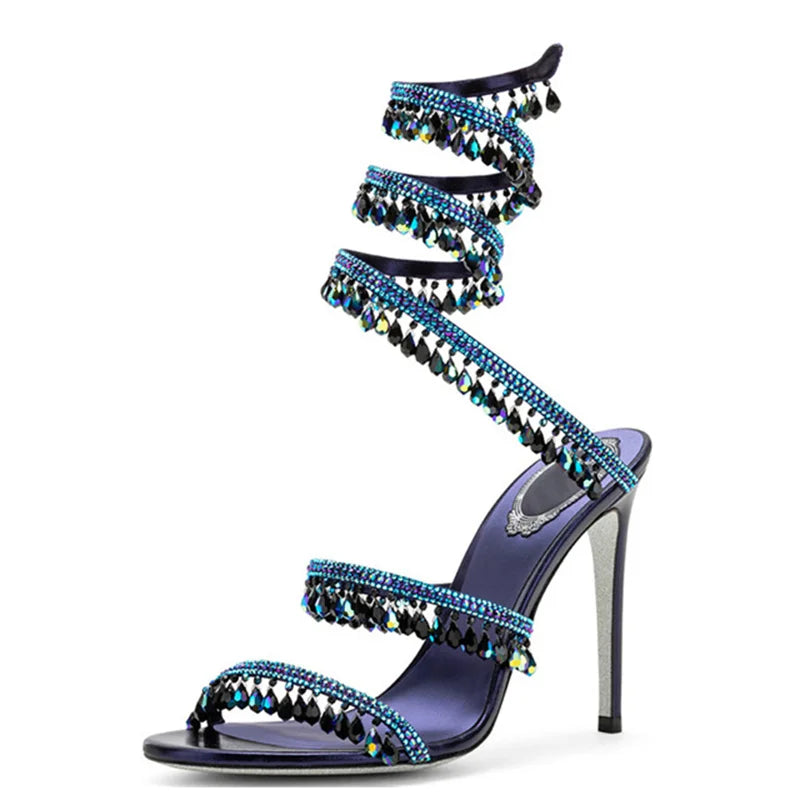 Crystal Wrap Sandals Women Summer 2025 Wedding Shoes High Heel Party Shoes Ankle Strappy Sandals Designer Stiletto Heel Shoes