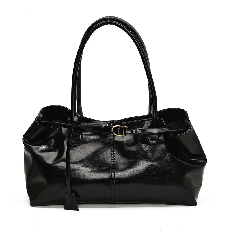 Women's Vintage Glossy Oil Wax Leather Tote Bag Buckle Casual Shoulder Handbag Elegant Work Bag for Daily Commute Top-handle Sac