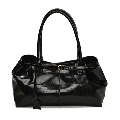 Women's Vintage Glossy Oil Wax Leather Tote Bag Buckle Casual Shoulder Handbag Elegant Work Bag for Daily Commute Top-handle Sac