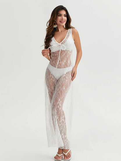 y2k Clothing Women's Sexy See-Through Lace Floral Sheer Tank Dress Summer  Sleeveless V Neck Cover-up Long Dress Streetwear