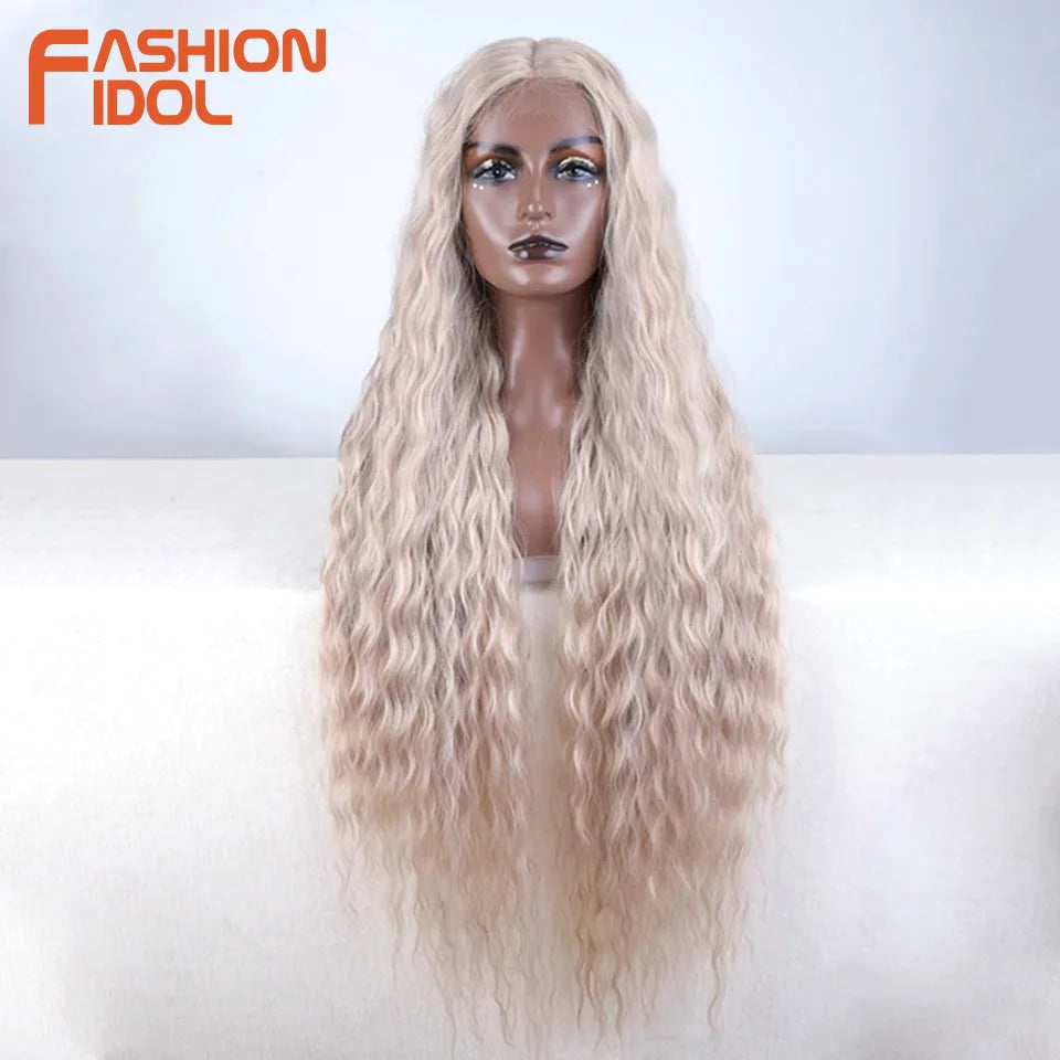 FASHION IDOL 42" Loose Wave Lace Front Wig Hair Synthetic Wigs For Women Ombre Blonde Water Wavy Long Curly Hair Wig Cosplay