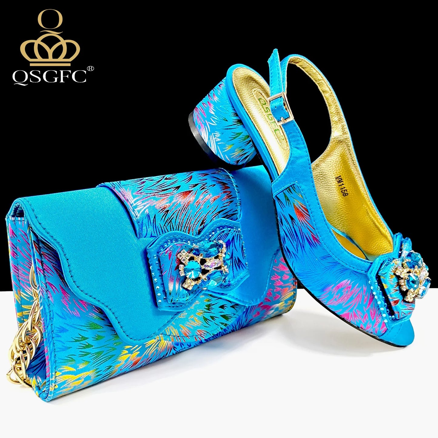 QSGFC Italian Design Color Matching Rhinestone Comfortable High Heel Shoes And Bag Fashion Style Pointed-Toe Shoes For Women
