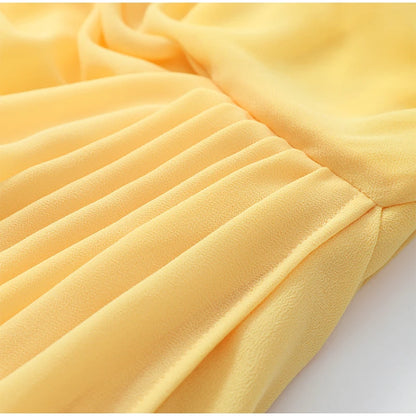 Elegant Yellow Strapless Pleated Dress Women Chic Sleeveless Waist Cinching Split Maxi Gowns 2026 Summer Lady Evening Party Robe