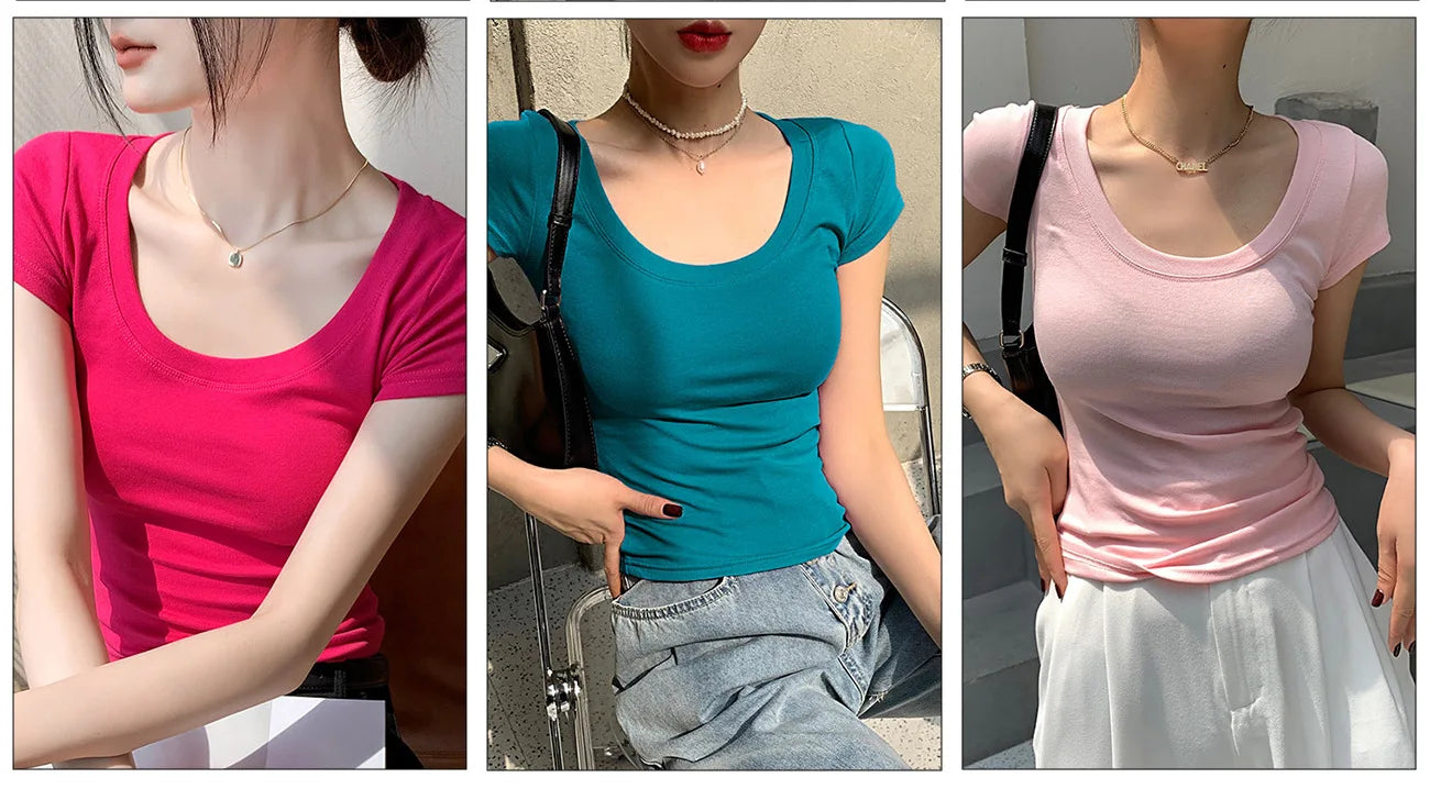 Cotton short sleeved women's T-shirt for summer, slim fit and slimming, versatile waist design, front shoulder, U-neck