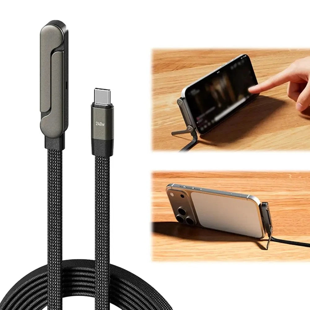 240W Type-C To Type C Cable Elbow Fast Charging Data Cable Foldable Stand Phone Holder For iPhone 17/16/15 For Samsung Charger