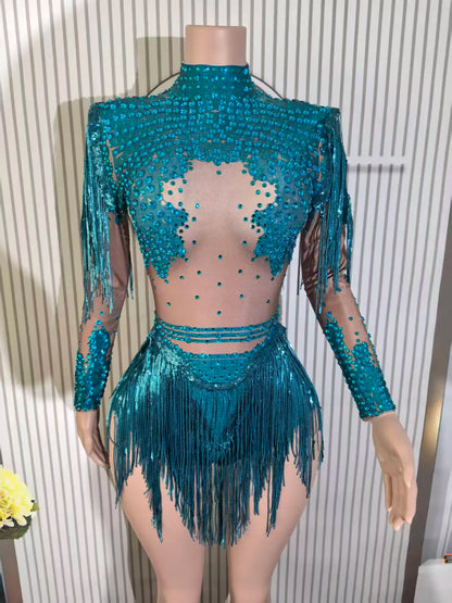 Sexy Skinny Leotard Singer Dancer Show StageWear Sparkly Blue Rhinestones Women DanceCostume Fringes One Shoulder Bodysuit  7G