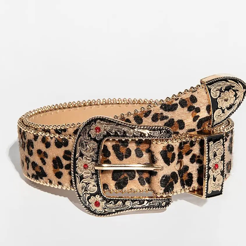 1ps Vintage Carved Gemstone Buckle, Leopard Floral Embossed Pearl Edge Waist Belt For Ladies Daily Wear