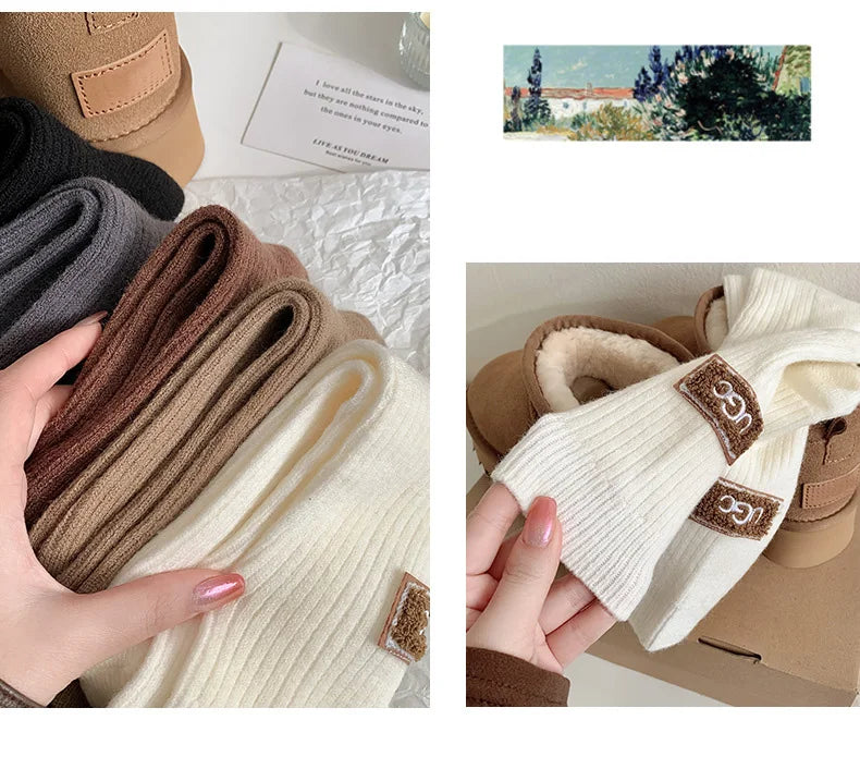 2 Pairs Cashmere Socks Winter Women Warm Wool Thickened Mid-Tube Trendy Heel Furry Label Letter Solid Color Snow Boot Socks New
