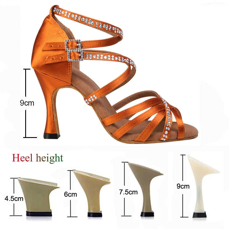 New Latin Dance Shoes Salsa Tango Ballroom Party Women's Shoes High Heeled Rhinestones Bronze Blue Girls Summer Sandals Outdoor