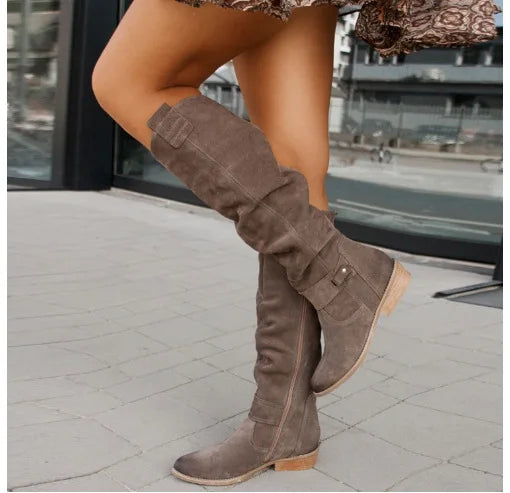 long women's boots Low Heel Side Zip Size 43 Suede Thigh High Women's Boots Retro Woman Booties Autumn Winter Knee High Boots