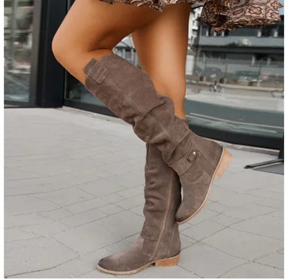 long women's boots Low Heel Side Zip Size 43 Suede Thigh High Women's Boots Retro Woman Booties Autumn Winter Knee High Boots