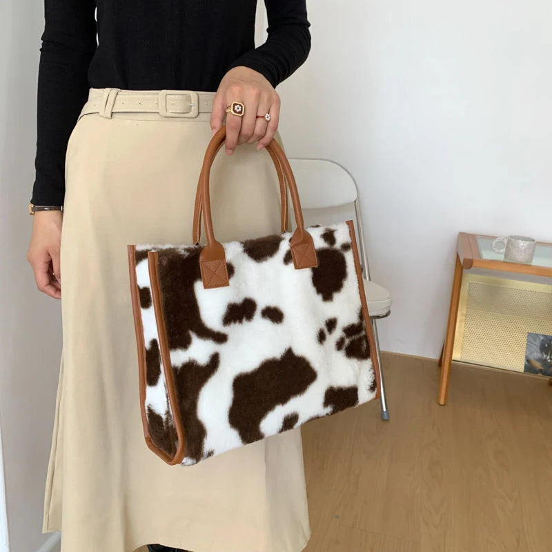 Winter Faux Fur ,Leopard Print Designer Shopper Totes, Fashion Soft Plush Women Shoulder Bags, Large Capacity Handbags and Purse