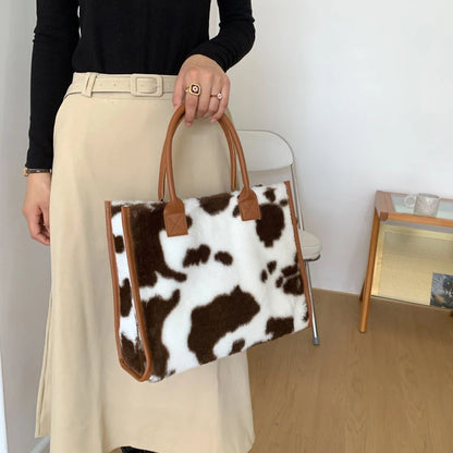 Winter Faux Fur ,Leopard Print Designer Shopper Totes, Fashion Soft Plush Women Shoulder Bags, Large Capacity Handbags and Purse