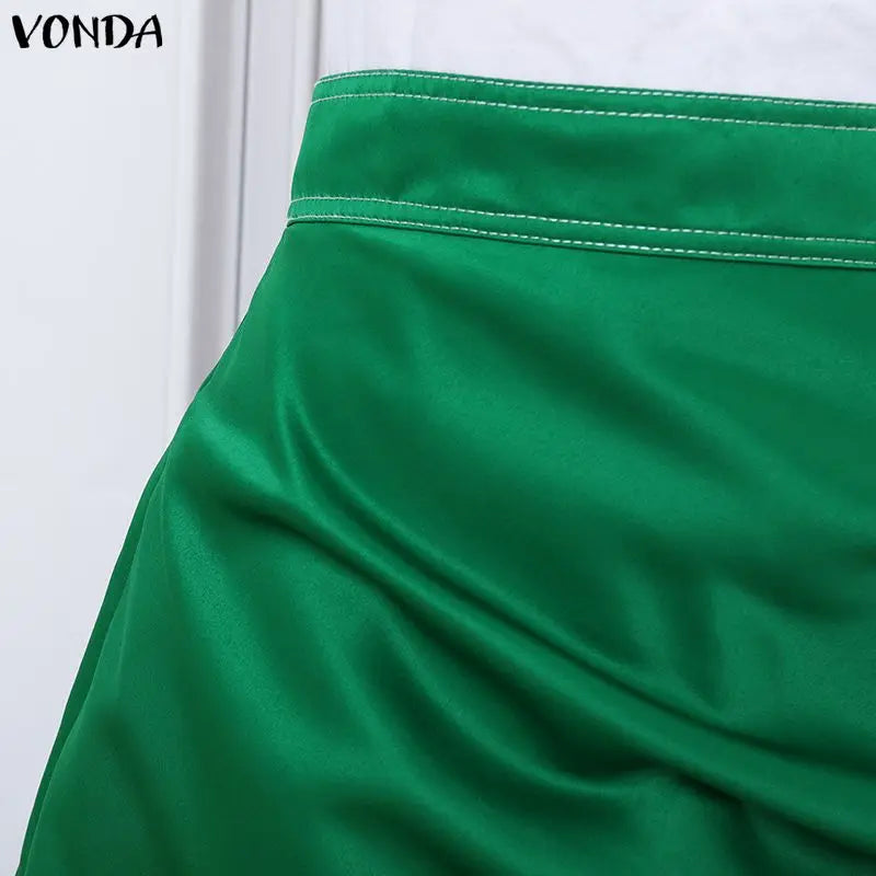 VONDA Plus Size 5XL Elegant Women Satin Skirts High Waist Button Pleated Asymmetrical Maxi Jupes Fashion Solid Long Faldas Saia