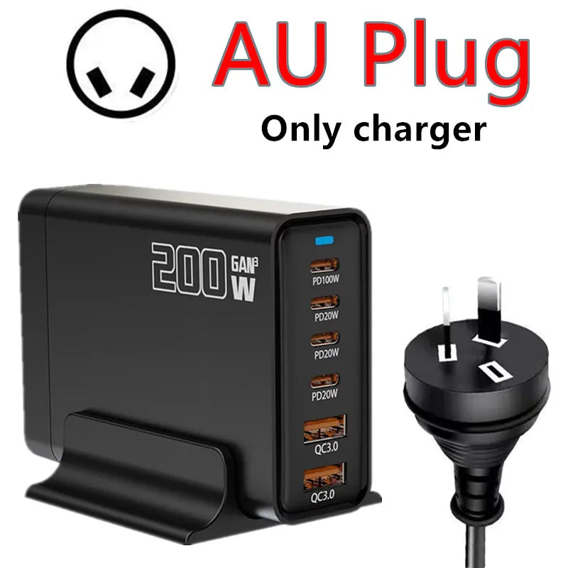 200W Desktop USB C Quick Charger GaN PD Fast Chager 6 port Mobile Charging Adapter For Laptop iPhone 17 16 15 Samsung Xiaomi﻿﻿