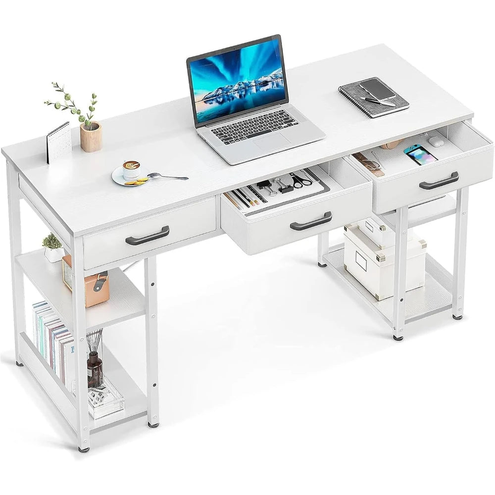 Small Computer Desk for Home Office, 48"x16" Writing Desk with Fabric Drawers & Storage Shelves, White