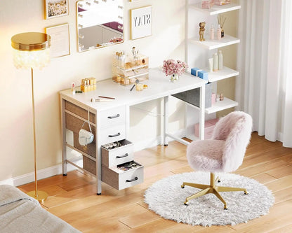 32-inch mini computer desk with 4 fabric drawers, storage space, side hooks and a cloth bag; children's desk, white.