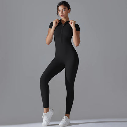 Yoga Set Women's Jumpsuits One-Piece Suit Zipper Short Sleeve Gym Push Up Workout Clothes Fitness Bodysuit Sportswear Tracksuit