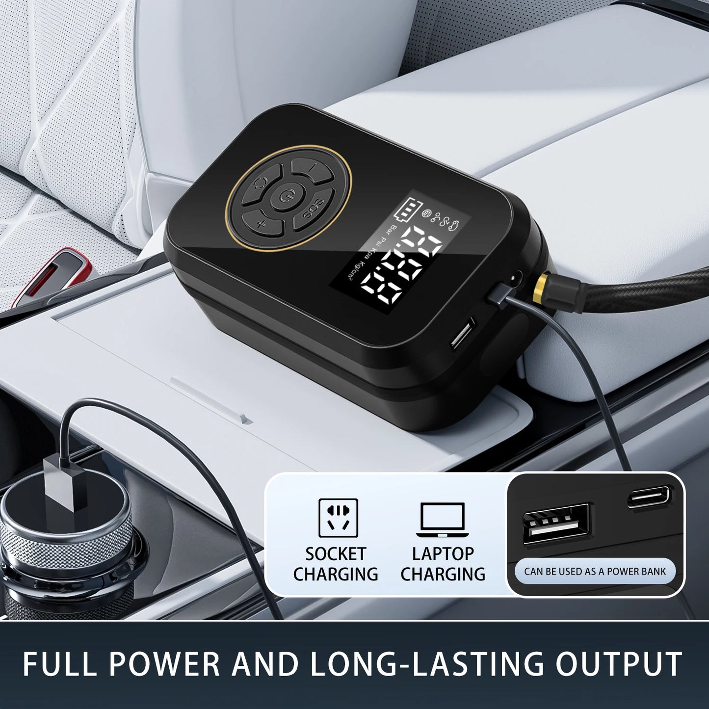 Multifunction Digital Air Pump, Portable Tire Inflator with SOS Light for Car Motorcycle Bicycle Tires, Balls, Boats, Camping
