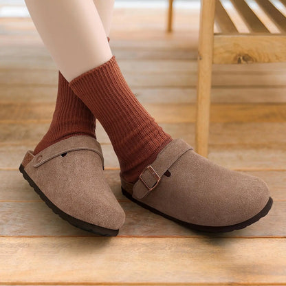 Crestar Women's Suede Clogs Lady Fashion Buckle Leather Mules Comfort Cork Footbed Potato Shoes with Arch Support Beach Sandal