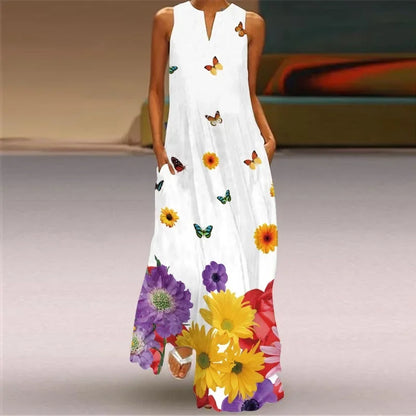 Fashionable V-Neck Sleeveless Long Digital Print Dress with Pocket Summer Sexy XL Women's Clothing Loose Waist Ankle-Length