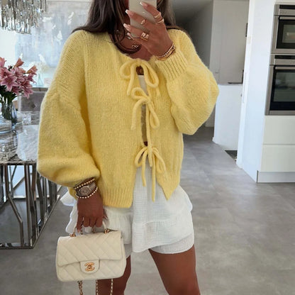 Bow Tie Front Cardigan for Women Long Sleeve Knitted Jacket Sweater Autumn Winter Knitwear Teen-girl Y2K Cute Outfit