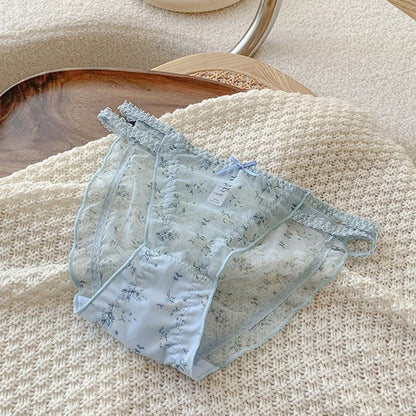 Women's Panties Cross Waistband Hipsters Low Rise Lace Strappy Panties Transparent Mesh Floral Pattern Sweet Bowknot Sexy Female