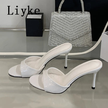 Liyke White Patent Leather Women Slippers Sandals Fashion Round Open Toe Thin High Heels Mules Slides Summer Party Dress Shoes