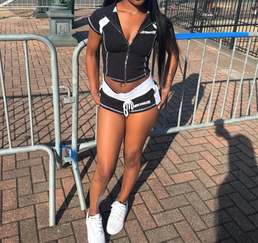 2025 Summer European and American Street Spice Girl Style Zipper Cardigan Slim Casual Sports Short-sleeved T-shirt Top Set