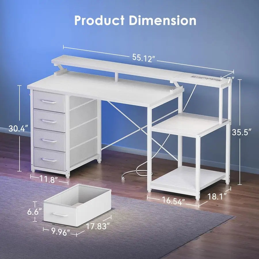 55 Inch Computer Desk with 4 Drawers, Office Desk with Power Outlets, Printer Shelf amp Storage Shelves, Large Writing Study Ta