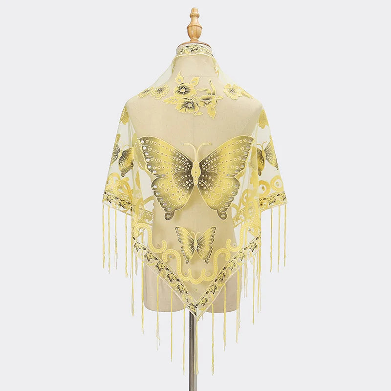 New Women Lace Tassel Triangular Scarf Solid Hollow-out Butterfly Embroidery Scarves Soft Lady Shawl Foulard Party Wrap Shawls