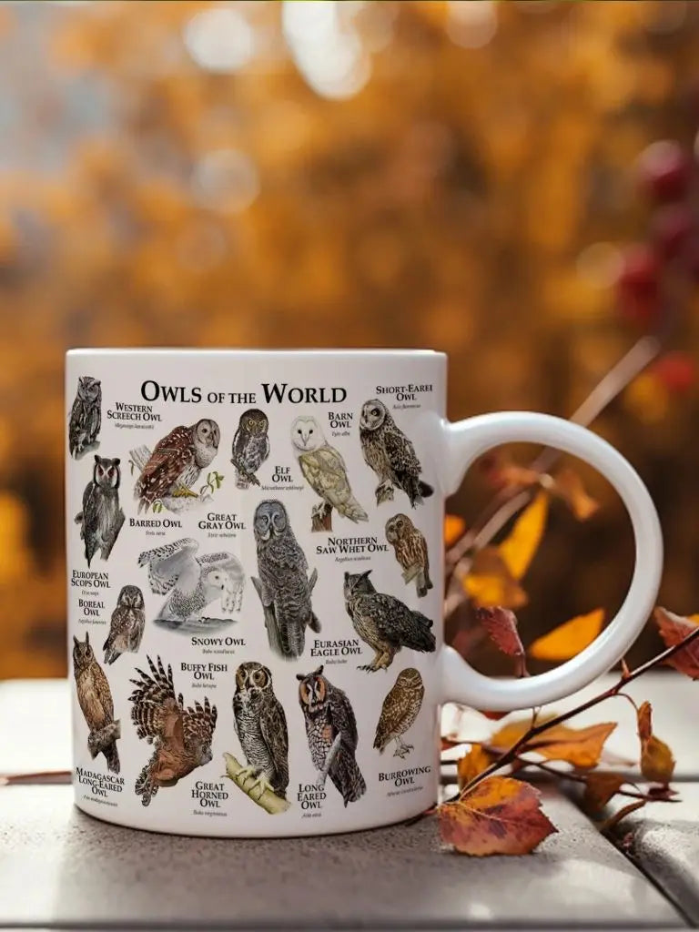 World Owl Illustrated Images coffee mug 11oz ceramic office tea cup Bird Lovers Gift Cup