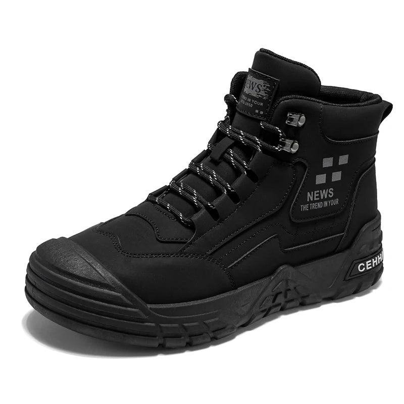 Original Black Leather Ankle Boots For Men Outdoor Non-slip Work Boots Men's Motorcycle Boots Platform High Top Bikers Shoes Man