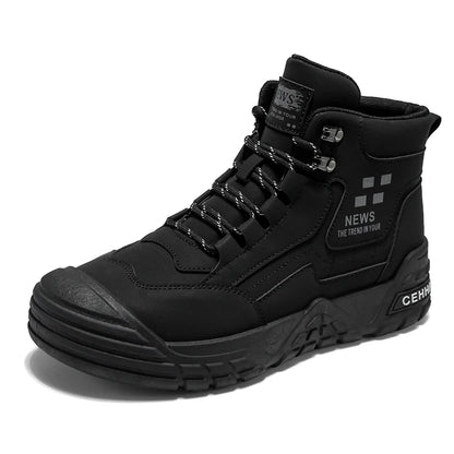 Original Black Leather Ankle Boots For Men Outdoor Non-slip Work Boots Men's Motorcycle Boots Platform High Top Bikers Shoes Man