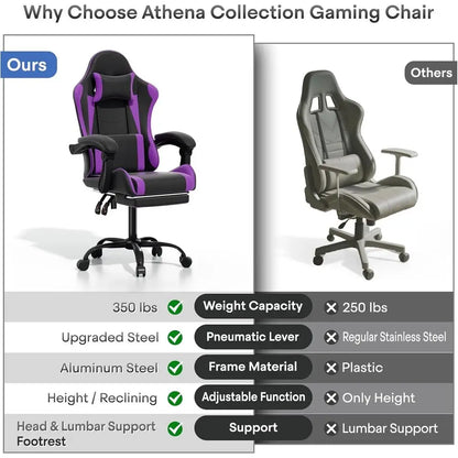Purple Ergonomic Gaming Chair with Adjustable Height, Footrest, Headrest, and Lumbar Support for Kids and Adults