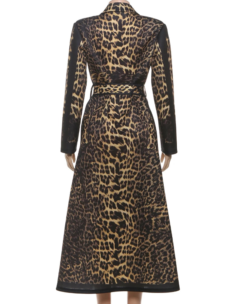Kliou Leopard Print Trench Coat Woman Autumn Trend High Waist Bandage Cardigan Lapel Full Sleeve Street Fashion Style Clothing